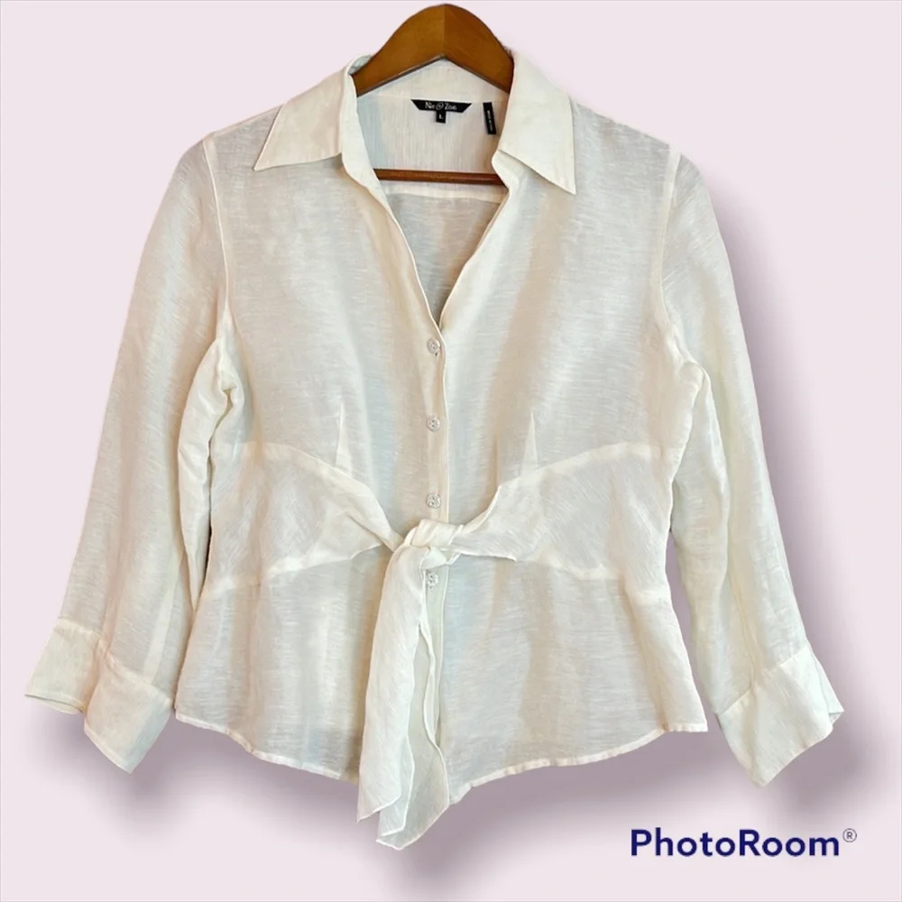 NIC + ZOE Silk Linen Blend Tie Front Blouse